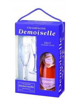 Champagne Demoiselle Rosé Brut Grande Cuvée et deux flûtes