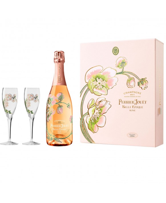 Champagne Perrier Jouet Belle Epoque Rosé 2004 and two flûtes 75cl