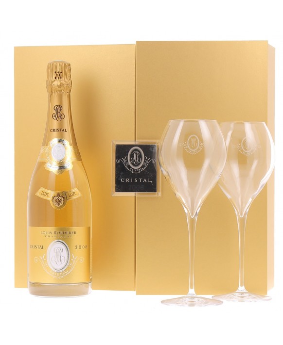 Champagne Louis Roederer Coffret Cristal 2008 et deux flûtes 75cl