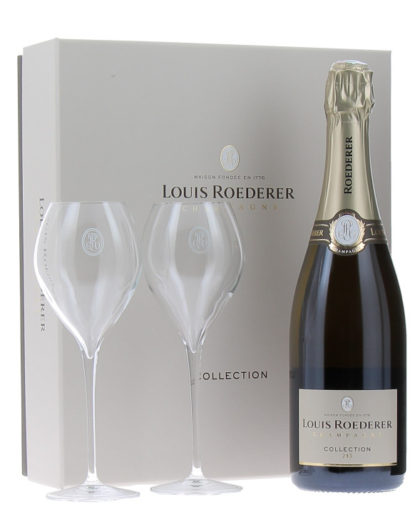 Champagne Louis Roederer Coffret Collection 244 et deux flûtes
