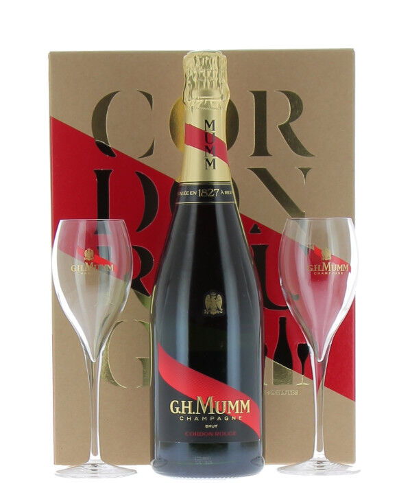 Champagne Mumm Casket Cordon Rouge and two flûtes