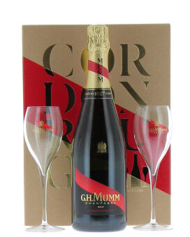 Champagne Mumm Casket Cordon Rouge and two flûtes