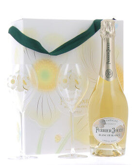 Champagne Perrier Jouet Coffret Blanc de Blancs et deux fl&ucirc;tes Edition limit&eacute;e An&eacute;mone